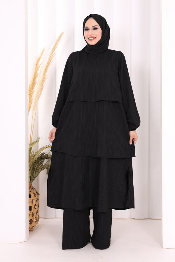 Kat Detaylı Tunik Pantolon Takım ŞAL HEDİYE! 8017 Siyah - 1