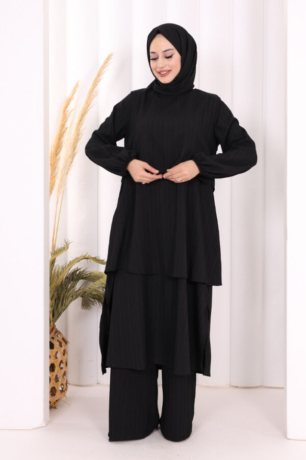 Kat Detaylı Tunik Pantolon Takım ŞAL HEDİYE! 8017 Siyah - 2