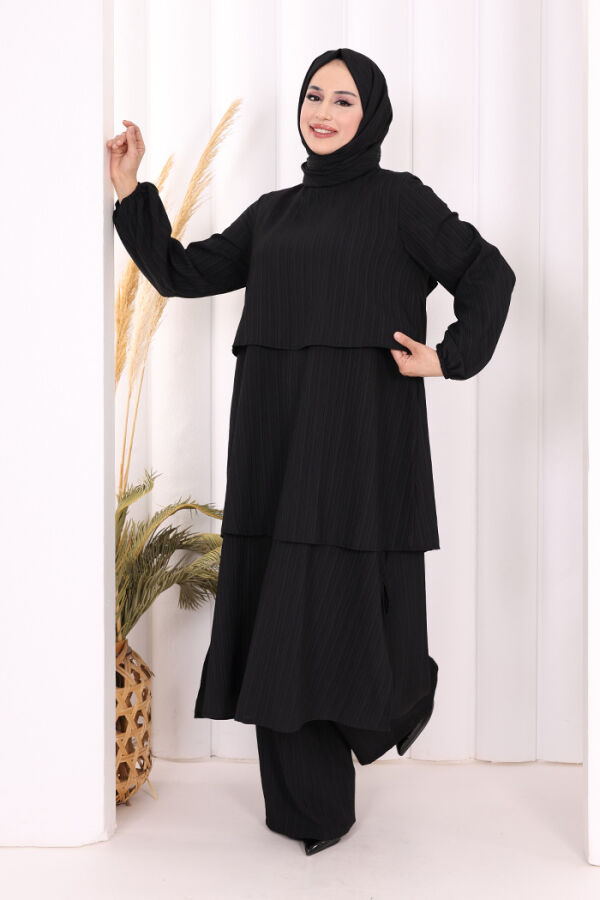 Kat Detaylı Tunik Pantolon Takım ŞAL HEDİYE! 8017 Siyah - 3