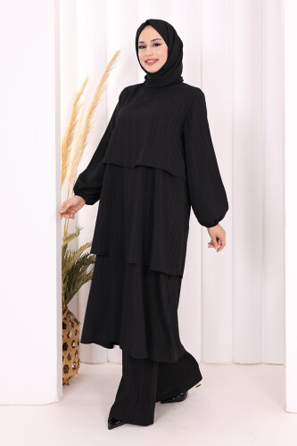Kat Detaylı Tunik Pantolon Takım ŞAL HEDİYE! 8017 Siyah - 4