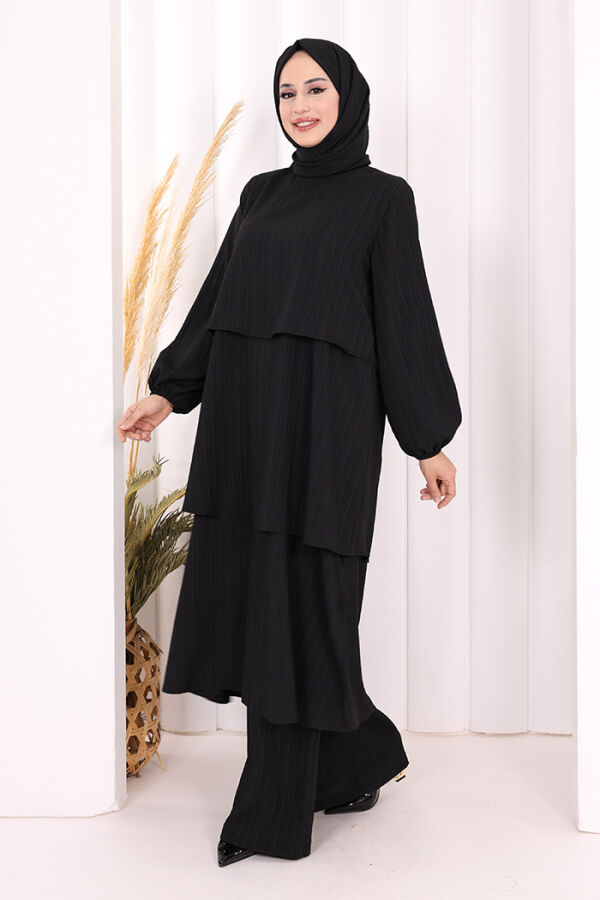 Kat Detaylı Tunik Pantolon Takım ŞAL HEDİYE! 8017 Siyah - 4