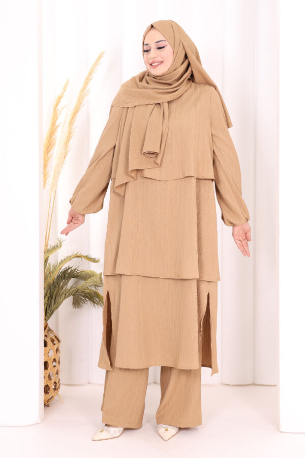 Kat Detaylı Tunik Pantolon Takım ŞAL HEDİYE! 8017 Taba - 1