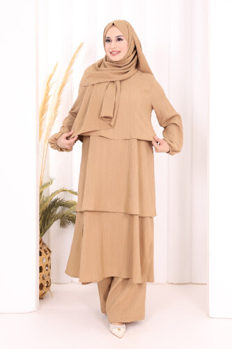 Kat Detaylı Tunik Pantolon Takım ŞAL HEDİYE! 8017 Taba - 2