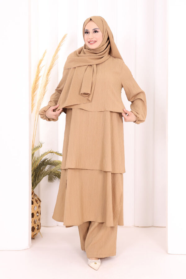 Kat Detaylı Tunik Pantolon Takım ŞAL HEDİYE! 8017 Taba - 2