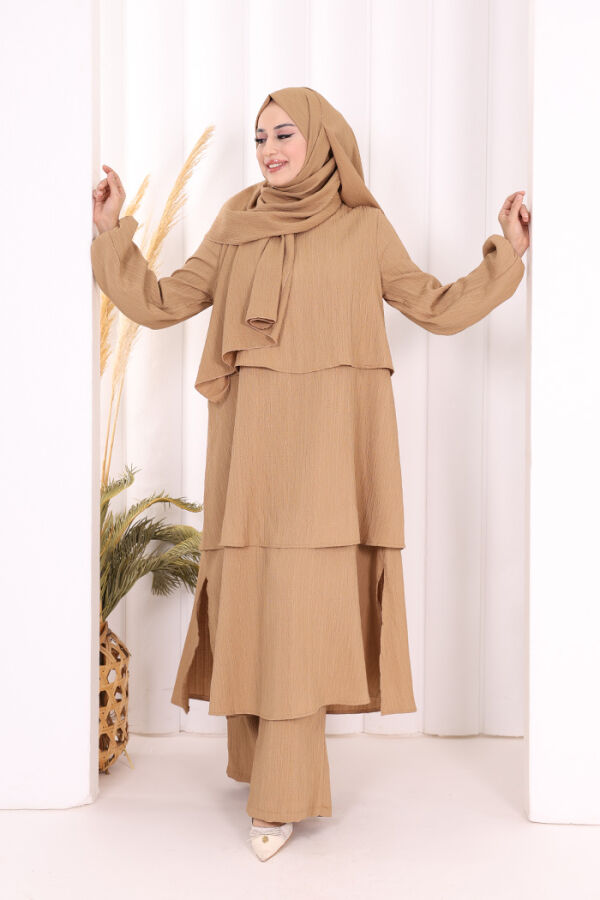 Kat Detaylı Tunik Pantolon Takım ŞAL HEDİYE! 8017 Taba - 3
