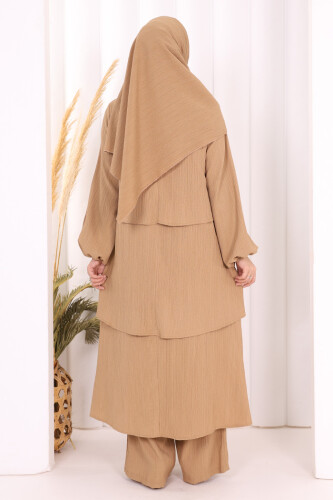 Kat Detaylı Tunik Pantolon Takım ŞAL HEDİYE! 8017 Taba - 4