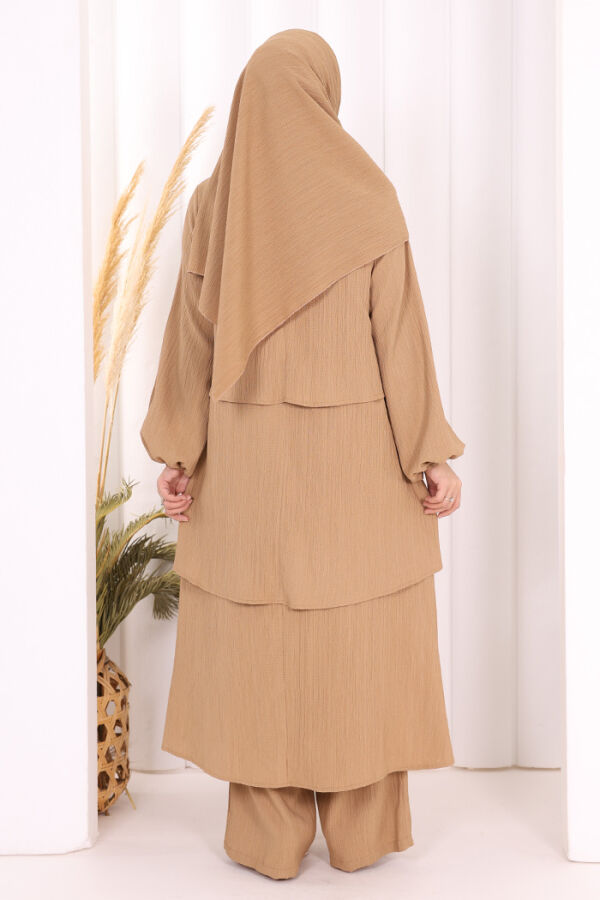 Kat Detaylı Tunik Pantolon Takım ŞAL HEDİYE! 8017 Taba - 4