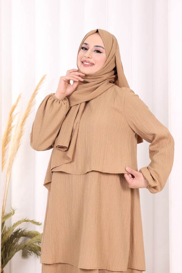 Kat Detaylı Tunik Pantolon Takım ŞAL HEDİYE! 8017 Taba - 5