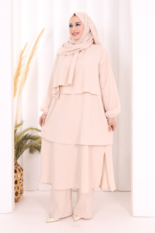 Kat Detaylı Tunik Pantolon Takım ŞAL HEDİYE! 8017 Taş - 1