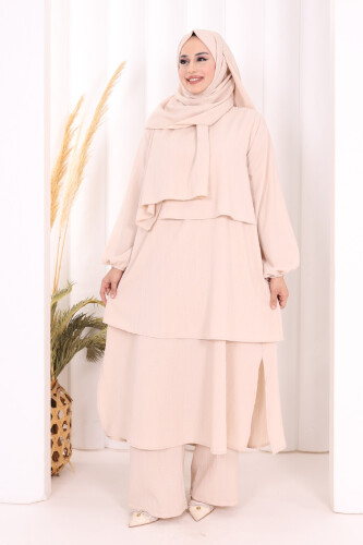 Kat Detaylı Tunik Pantolon Takım ŞAL HEDİYE! 8017 Taş - 2