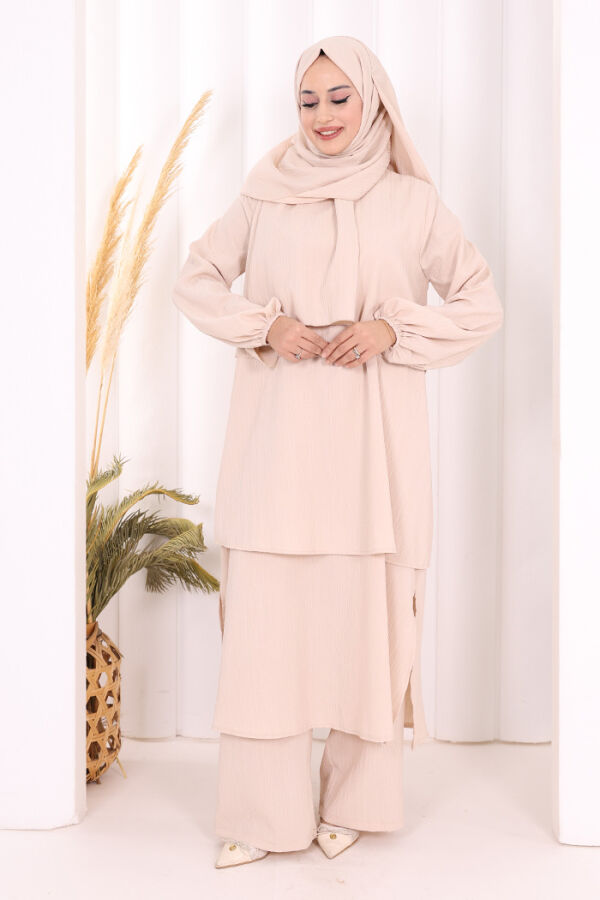 Kat Detaylı Tunik Pantolon Takım ŞAL HEDİYE! 8017 Taş - 3