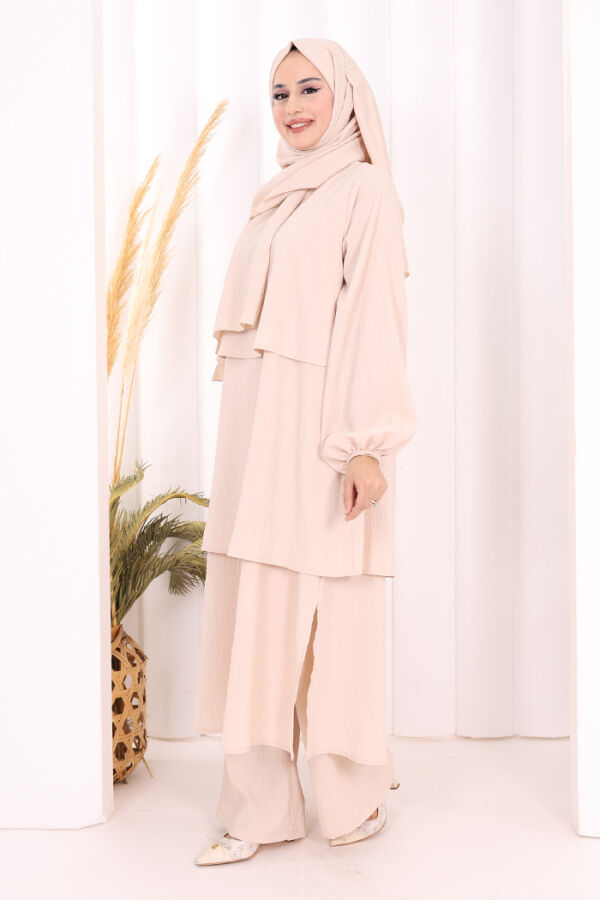 Kat Detaylı Tunik Pantolon Takım ŞAL HEDİYE! 8017 Taş - 4