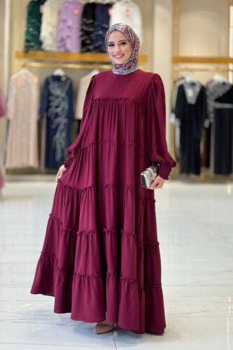 Katlı Salaş Elbise 6023 Bordo - Bym Fashion