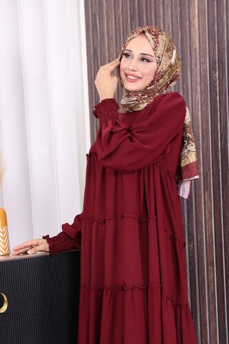 Dubai Katlı Salaş Elbise 6023 Bordo - 4