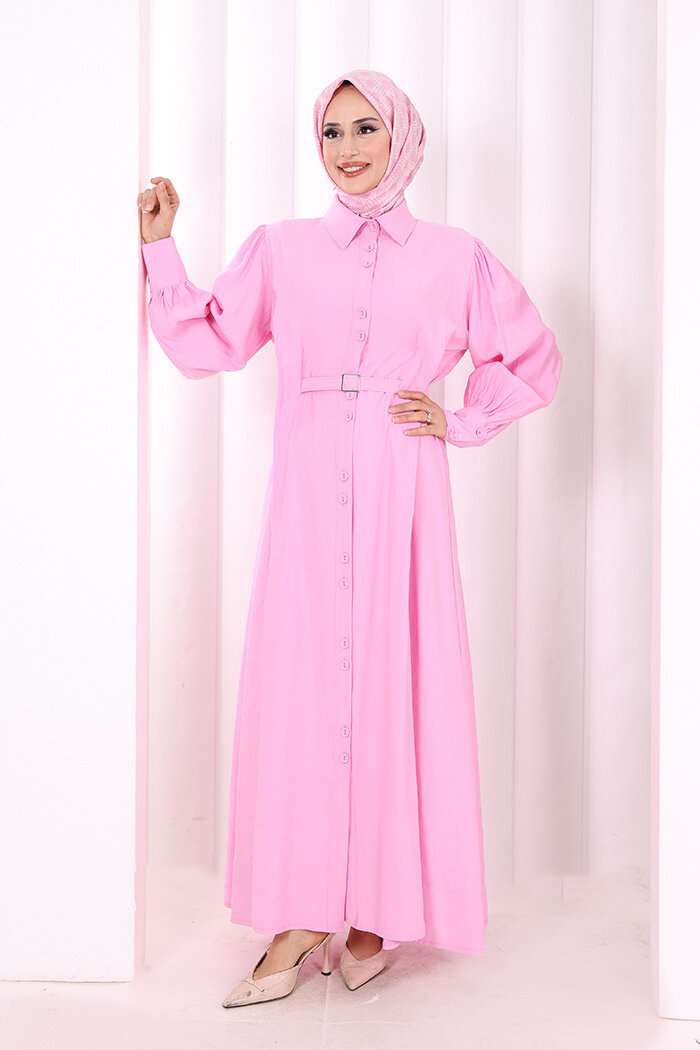 Kemerli Kloş Elbise 7073 Pembe