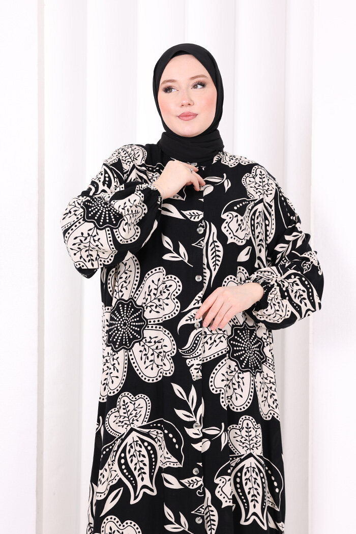 Kendinden Desenli Elbise 7086 Siyah - 4