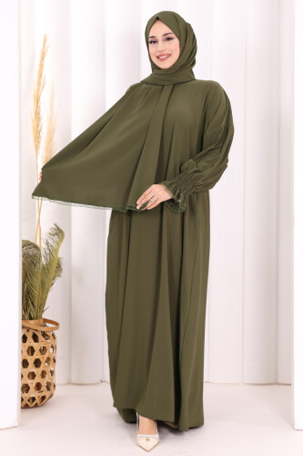 Kendinden Şallı Elbise 8007 Haki 