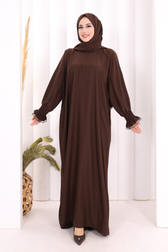 Kendinden Şallı Namaz Elbisesi 8007 Kahverengi