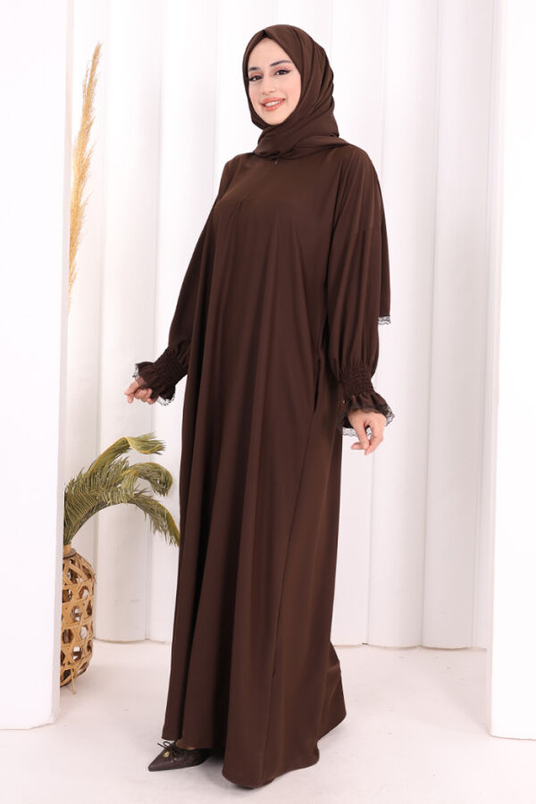 Kendinden Şallı Namaz  Elbisesi 8007 Kahverengi - 2