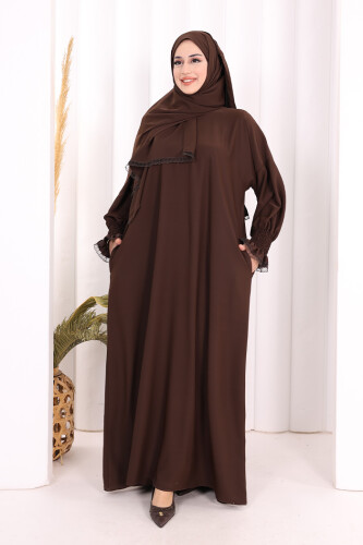 Kendinden Şallı Namaz  Elbisesi 8007 Kahverengi - 3