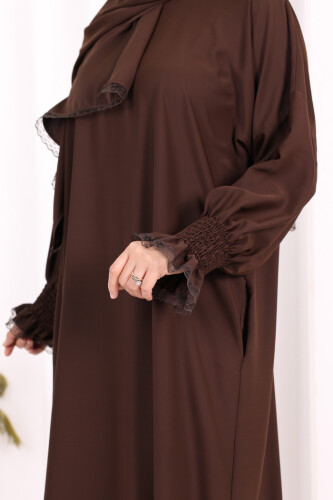 Kendinden Şallı Namaz  Elbisesi 8007 Kahverengi - 5