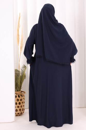 Kendinden Şallı Elbise 8007 Lacivert - 3