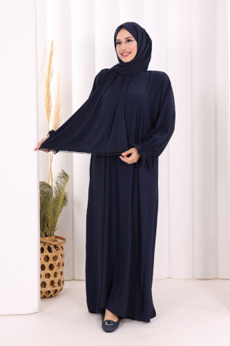 Kendinden Şallı Elbise 8007 Lacivert - 4