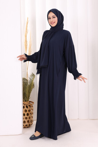 Kendinden Şallı Elbise 8007 Lacivert - 5