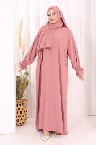 Kendinden Şallı Namaz Elbisesi 8007 Pudra