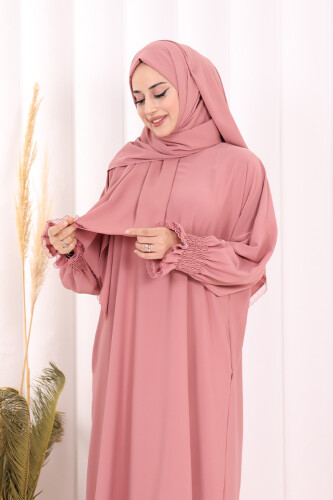 Kendinden Şallı Namaz  Elbisesi 8007 Pudra - 6