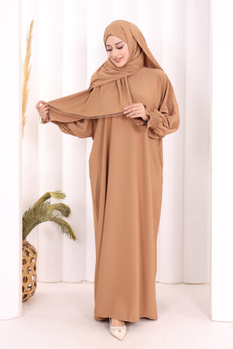 Kendinden Şallı Namaz  Elbisesi 8007 Taba - 2