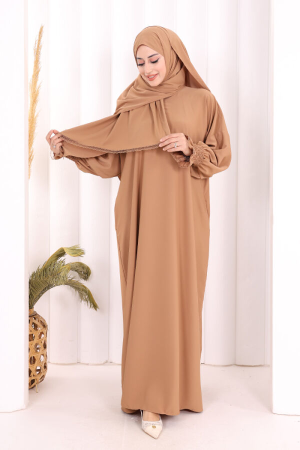 Kendinden Şallı Namaz  Elbisesi 8007 Taba - 2