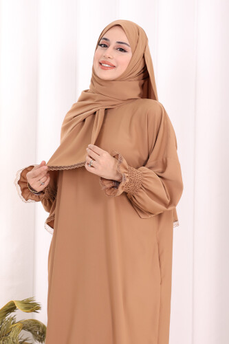 Kendinden Şallı Namaz  Elbisesi 8007 Taba - 4