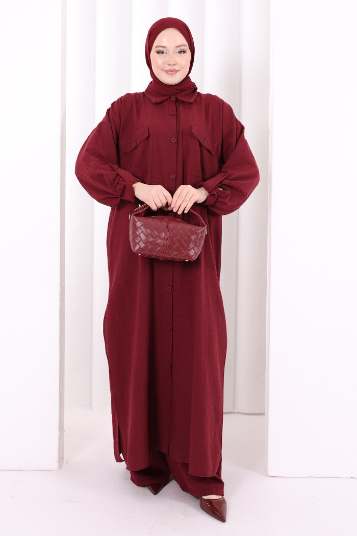 Keten Düğmeli Tunik Pantolon Takım 8015 Bordo
