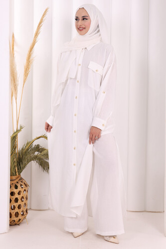 Keten Düğmeli Tunik Pantolon Takım 8015 Ekru 