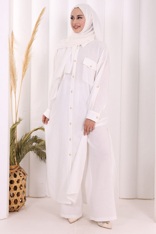 Keten Düğmeli Tunik Pantolon Takım 8015 Ekru - 1