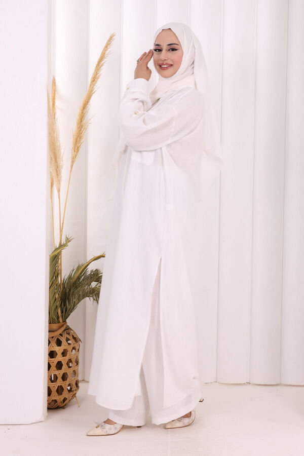 Keten Düğmeli Tunik Pantolon Takım 8015 Ekru - 2