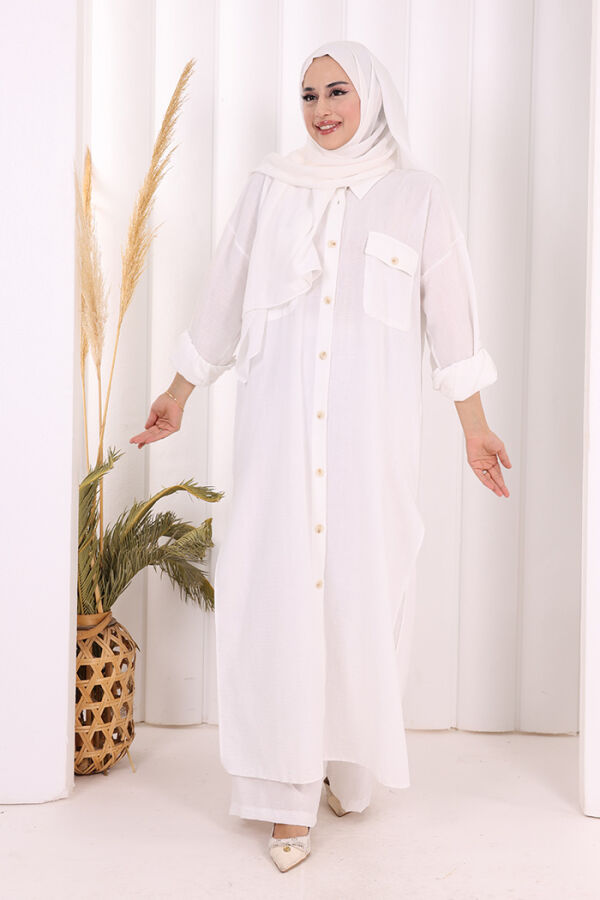 Keten Düğmeli Tunik Pantolon Takım 8015 Ekru - 4