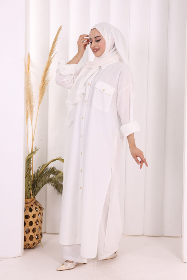 Keten Düğmeli Tunik Pantolon Takım 8015 Ekru - 5