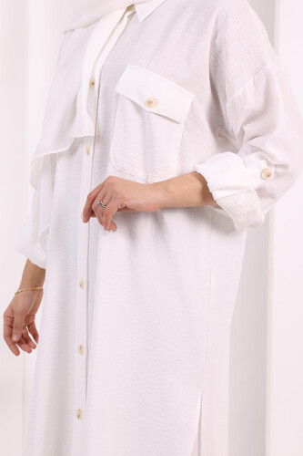 Keten Düğmeli Tunik Pantolon Takım 8015 Ekru - 8