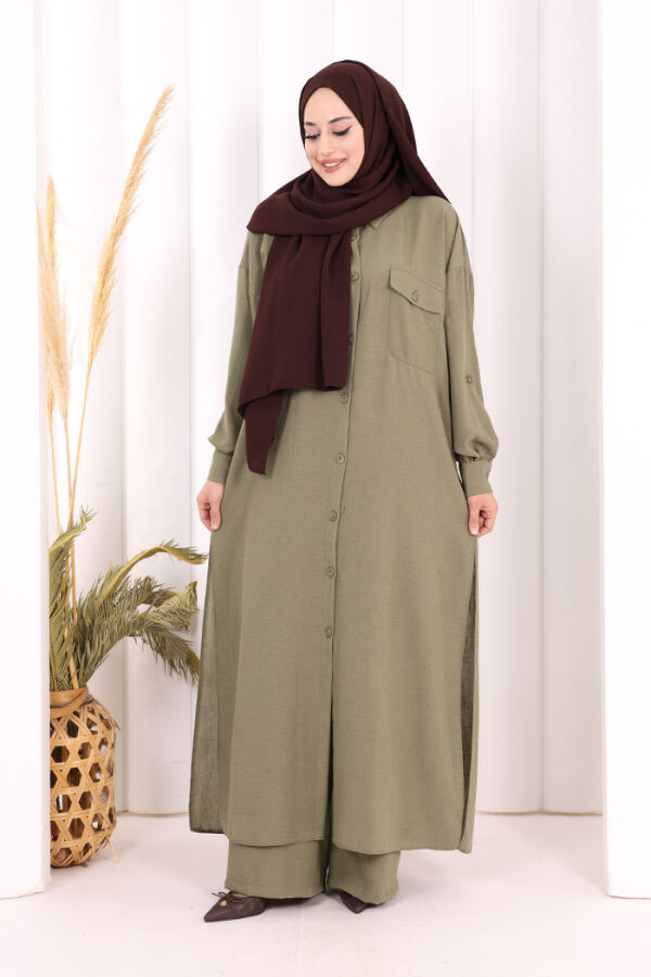 Keten Düğmeli Tunik Pantolon Takım 8015 Haki - 1