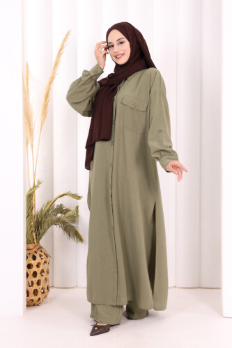 Keten Düğmeli Tunik Pantolon Takım 8015 Haki - 2