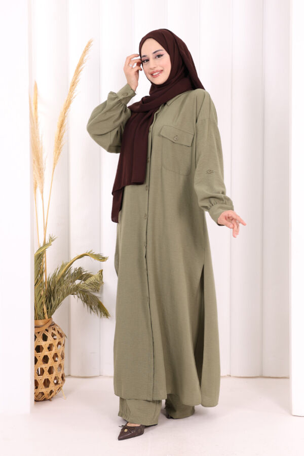 Keten Düğmeli Tunik Pantolon Takım 8015 Haki - 2