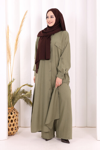 Keten Düğmeli Tunik Pantolon Takım 8015 Haki - 3