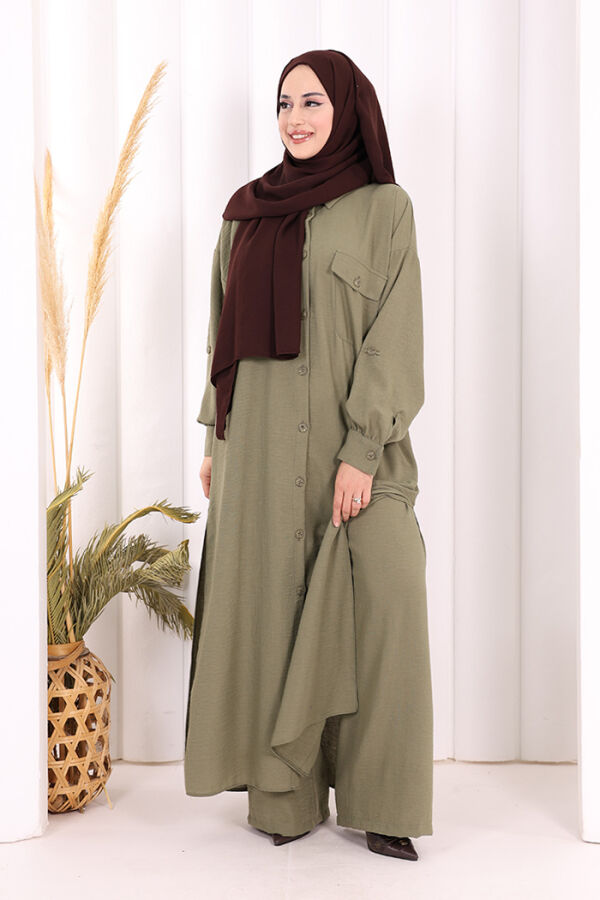 Keten Düğmeli Tunik Pantolon Takım 8015 Haki - 3