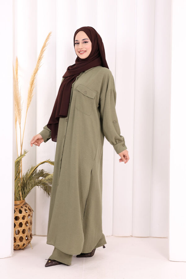 Keten Düğmeli Tunik Pantolon Takım 8015 Haki - 4
