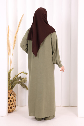 Keten Düğmeli Tunik Pantolon Takım 8015 Haki - 5