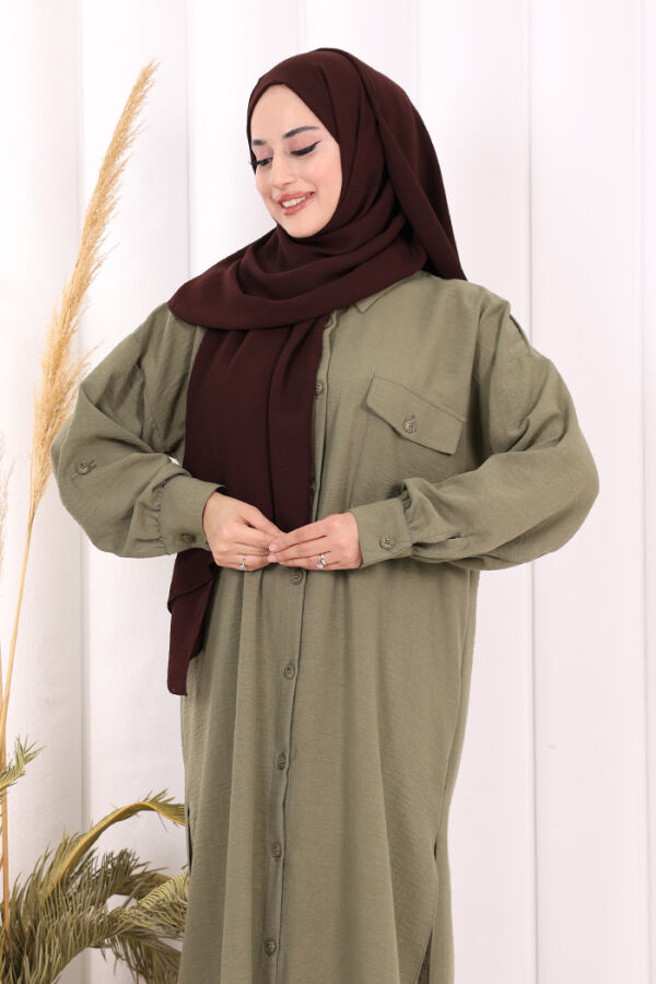 Keten Düğmeli Tunik Pantolon Takım 8015 Haki - 6