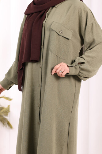Keten Düğmeli Tunik Pantolon Takım 8015 Haki - 7