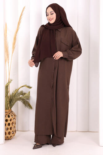 Keten Düğmeli Tunik Pantolon Takım 8015 Kahverengi